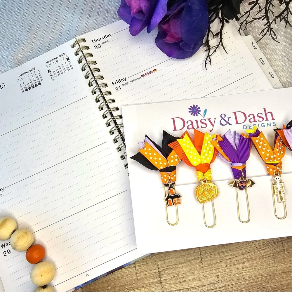 Set of 5 Halloween Ribbon Paperclip Bookmarks with Charms